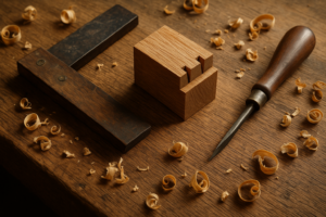 Établi de menuisier avec outils de traçage et assemblage bois sur mesure en atelier